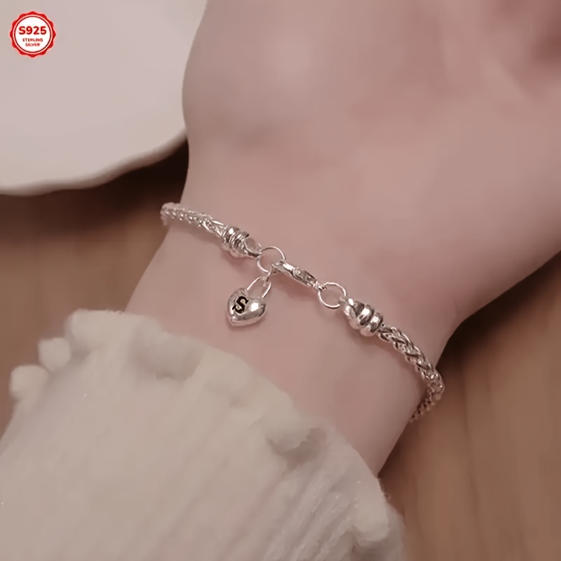 Women's 925 Silver Heart-Shaped Lock Bracelet, Daily Wear